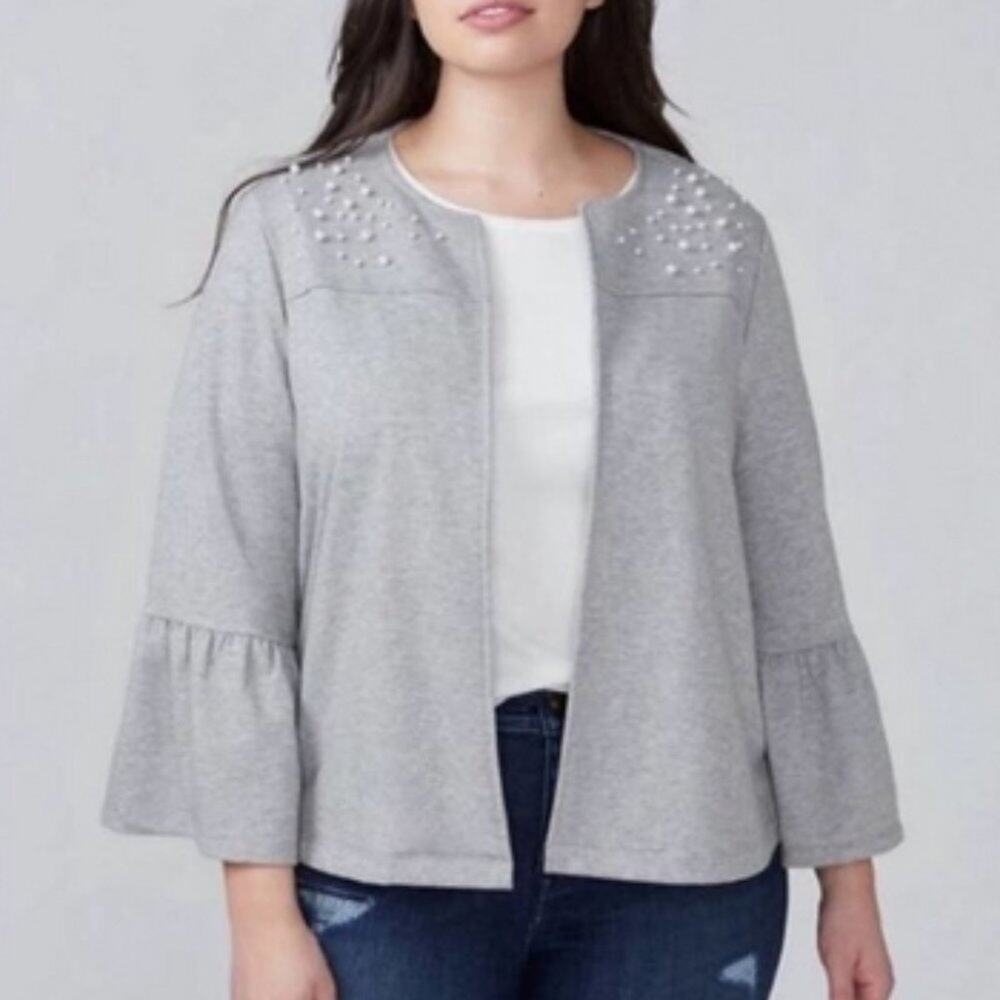 Lane Bryant Pearl Embellished Ruffle Sleeve Cardigan Size 14/16 Great condition - Picture 2 of 9